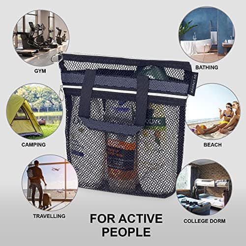 DV Lifestyle Mesh Shower Bag 25 x 26cm Caddy with Zipper & 2 Pockets. Quick-Dry Portable Toiletry Tote for Bathroom, Gym, Travel, Camp, Beach, for Sunscreen, Dorm & College Essentials (Black) — view 4