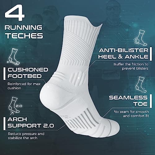 Rahhint Coolmax 3 Pack Compression Running Socks Men Women Anti Blister Socks Walking Socks with TAB Design, Compression Zone, Venting Mesh Network and Arch Support，White 8-12 — view 5