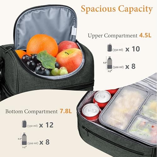 Kato Tirrinia Insulated Lunch Bag 13L(22 Cans), Large Compartment Cool Bag Thermal Tote Bags for Lunch Work School Camping Picnic, Foldable Cooler Bag for Meal Prep or Lunch Box Container, Charcoal — view 2