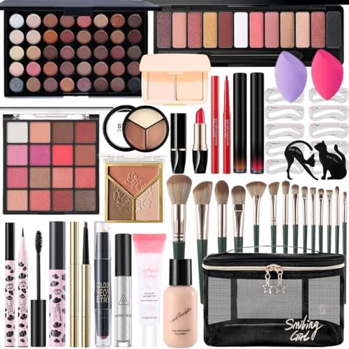 All-in-One Makeup Kit for Women, Complete Makeup Gift Set for Teen Girls, Essential Makeup Bundle with Eyeshadow Palette, Mascara, Contour, Lipstick, Cosmetic Brushes & Travel Bag