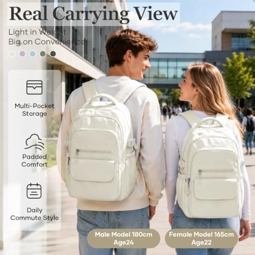 WEPOET Multi Pocket Backpack For School Womens Men, Waterproof Book bag Secondary For Girls Boys, Lightweight Large Capacity Rucksack Casual School Bags(Beige) — view 5