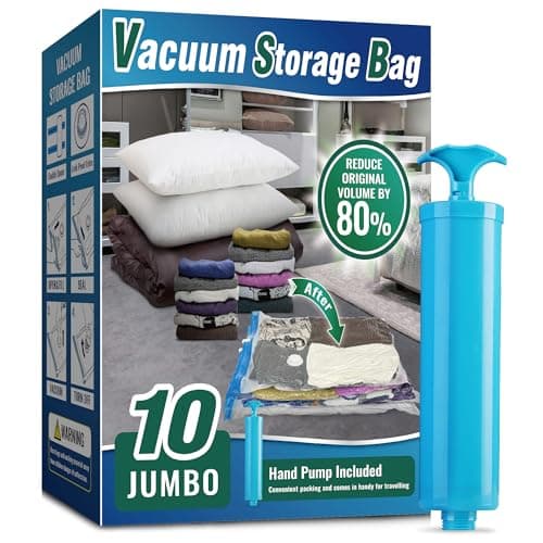 Oumaru Vacuum Storage Bags for Clothes, Vacuum Bags, Space Saver Bags for Clothes, Duvets and Pillows, Hand Pump Included, Pack of 10, Jumbo Size