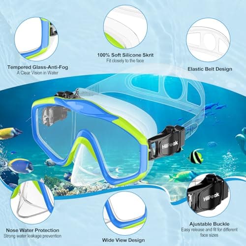 HiiPeak Kids Snorkel Set, Dry Top Snorkel Mask Snorkelling Package, Snorkelling Diving Mask with Breathing Tube Panoramic View Tempered Glass Anti-Fog, Children Swimming Goggles,Snorkeling Gear — view 4