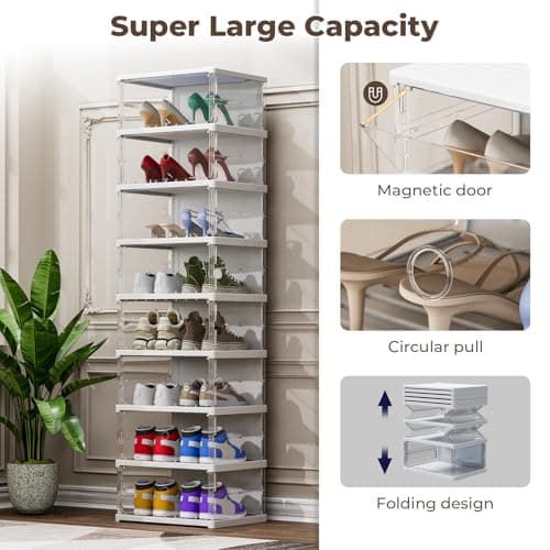 KU Syang Shoe Storage Box,8PCS Shoe Organiser Stackable with Magnetic Door Storage Organise Foldable Space Saving,Fits up to UK Size 12, Transparent and White — view 4