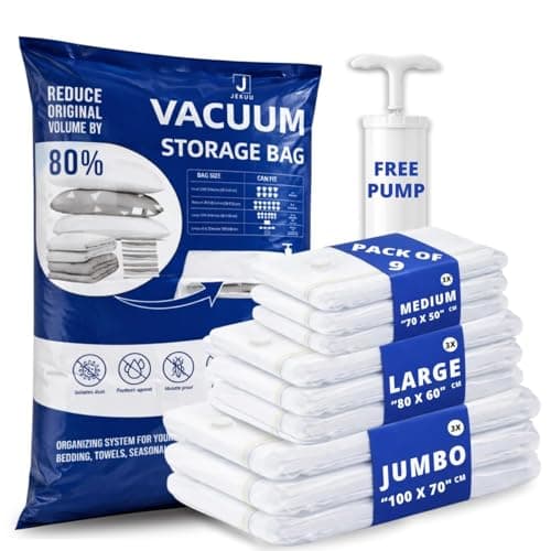 JEKUU Vacuum Storage Bags with Free Hand Pump, 9 Pack Space Saver Vacuum Seal Bags – 3 Jumbo, 3 Large, 3 Medium, Airtight Compression Bags for Clothes, Blankets, Pillows, Comforters, Duvets & Travel