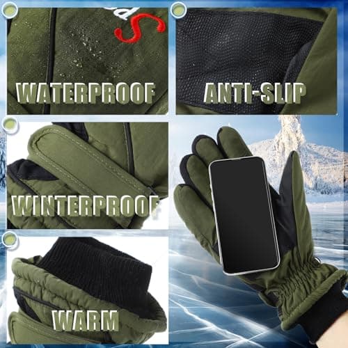 Jeere 2 Pairs Winter Ski Gloves Men Women Waterproof Snow Gloves Adjustable Snowboard Mittens for Cold Weather Men Women(Black,Military Green,M) — view 6