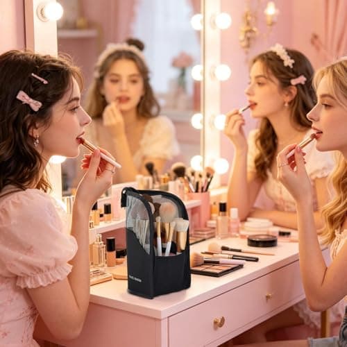 Travel Makeup Brush Holder - Multiple Compartments Cosmetic Organizer Pouch,Toiletry Travel Bag - for Men Women Camping Vanity Countertop Luggage Beauty Toothbrush Toothpaste — view 3