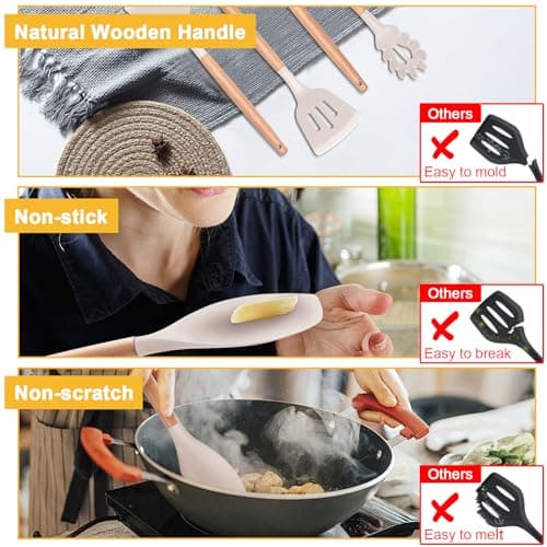 12 PCS Kitchen Utensil Set, Silicone Cooking Utensils with Holder, Natural Wooden Handle Cookware Tongs Spatula Spoon Set, Non Stick & Heat Resistant, Dishwasher Safe (Khaki) — view 4