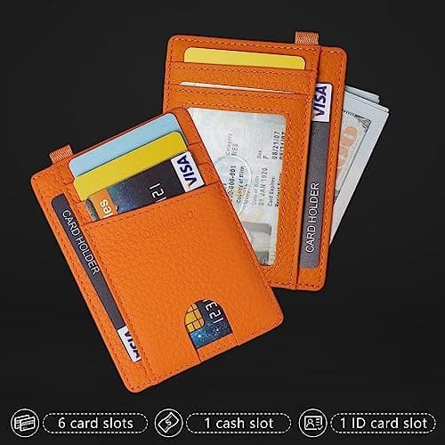 GADIEMKENSD Minimalist Genuine Leather Credit Card Holder RFID Blocking Light Slim Wallet with D-Loop for Lanyard Key Compact Bus Pass Purse for Men Women Business Travel Orange — view 2
