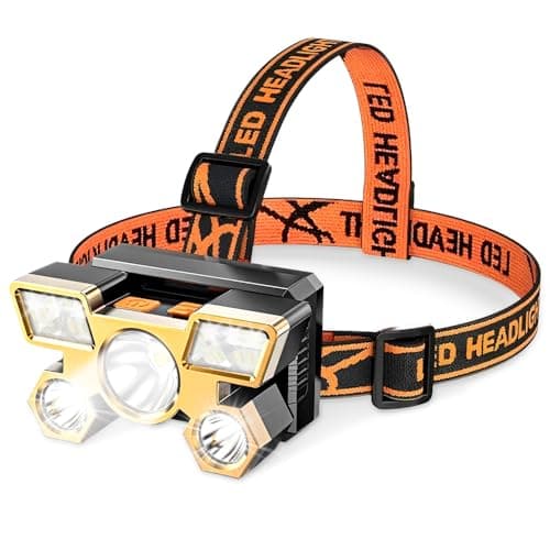 Head Torch Rechargeable, 9900L Super Bright Headlamp with 5 Lights 4 Modes, 800mAh Capacity, IPX46 Waterproof Adjustable Focus Headlight for Running, Hiking, Fishing (Gold)