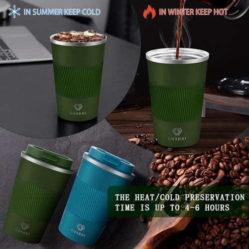 CS COSDDI Travel Mugs, Insulated Coffee Cup with Leakproof Lid - Reusable Coffee Cups Travel - Car Coffee Cup - Stainless Steel Coffee Mug for Hot and Cold Water and Tea (Green-A, 380 ml) — view 2