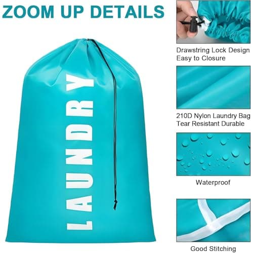 2 Pack Large Laundry Bags,24"" x 36"" Portable Travel Laundry Bag with Drawstring Cord,Travels Laundry Bags for Dirty Clothes, Ideal for Travel, Home, Dormitory, and Camping Use (Cyan + Grey) — view 4