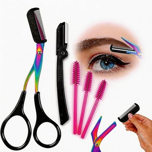 Rainbow Eyebrow Scissors Set, 5Pcs Brow Grooming Kit with Trimmer Razor & Comb, Stainless Steel Eyebrow Trimmer for Men & Women, Precision Brow Scissors with Eyelash Comb