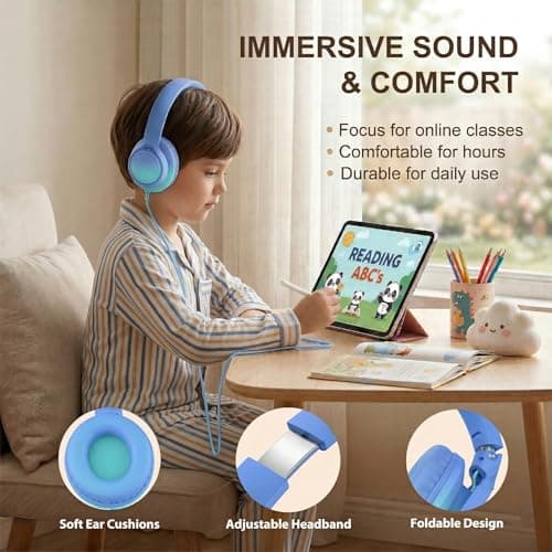 Zollexa Kids Wired Headphones, 85/94dB, Mic, USB-C Adapter, Sky Blue — view 5