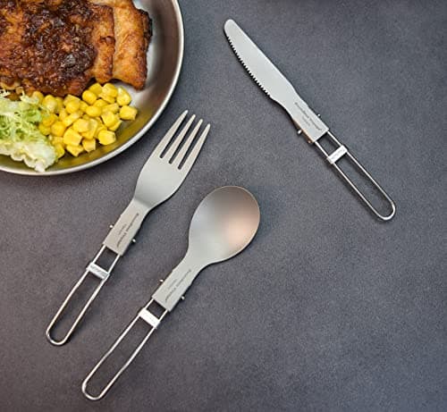 iBasingo Titanium Folding Fork Spoon Knife Camping Cutlery Set Outdoor Travel Picnic Hiking Portable Tableware Small Ultralight Flatware Business Trip Dinnerware with Pouch Ti1122T — view 3