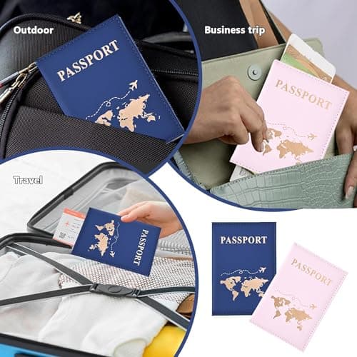Noenaeni 2PCS Passport Holder, PU Leather Passport Cover, Blue, Pink — view 5