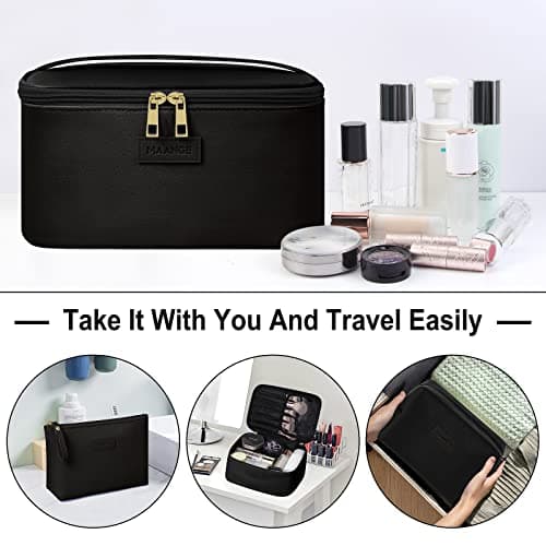 MAANGE 3 Pcs Makeup Bag(L+M+S) Travel Cosmetic Bags with Brush Compartment PU Leather Small Makeup Bag Portable Make Up Bag Versatile Zipper Makeup Pouch for Women, Black — view 5