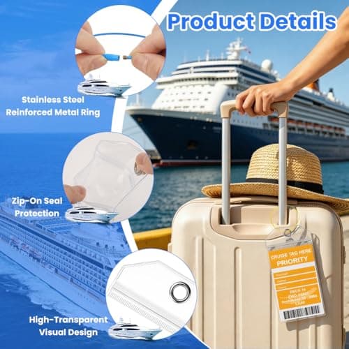 Vicloon Cruise Luggage Tag Holder, 4Pcs Waterproof Cruise Luggage Tags, 4 Magnetic Hooks, 2 Luggages Tags with Lanyards for Ship Cards, with Steel Loops & Zip Sea Compatible with SC, NCL, Costa, P&O — view 3