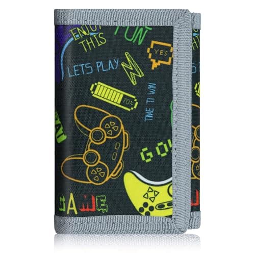 Teens Cool Wallets for Boys & Girls with Zipper Coin Pocket Card Slot, RFID Trifold Canvas Outdoor Lovely Design Magic Sticker for 12-16 Ages(Black Game)