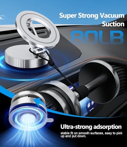 CloudValley Magnetic Phone Holder for Car, 360°Rotatable Foldable Phone Mount with Strong Vacuum Suction Cup, Universal Stand for iPhone 16/15/14, Samsung Compatible with Mirror, Windscreen, Silver — view 2