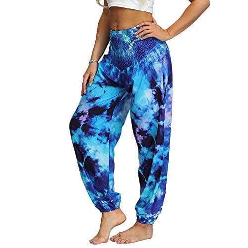 Nuofengkudu Women's Hippie Baggy Harem Trousers Smocked High Waist Soft Bohemian Print Colourful Yoga Pants with Pockets Lightweight Flowy Travel Holiday Beachwear (Blue A,One Size) — view 4