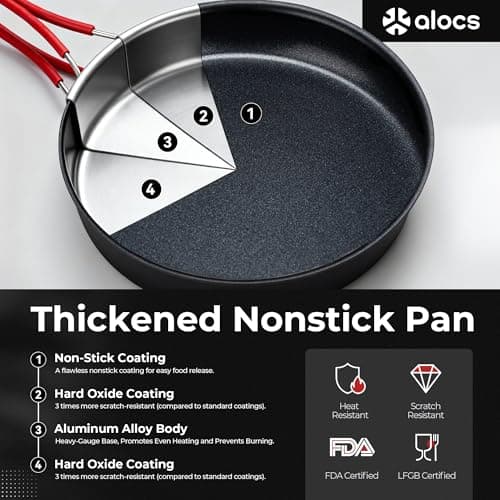 Alocs Camping Cookware, Aluminum Camping Cooking Set, Portable Pots and Pans Set, Camp Kitchen, Mess Kit for Backpacking, Outdoor Cooking and Picnic, Grey, 2.2L x 1.2L x 1L x 7.5" — view 3