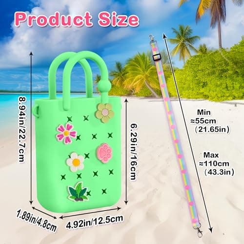 Oudizz Mini Rubber Tote Bag, Silicone Beach Tote for Little Girl & Woman, Cute Bag with 20 Charms & Adjustable Shoulder Strap (Mint Green) — view 4