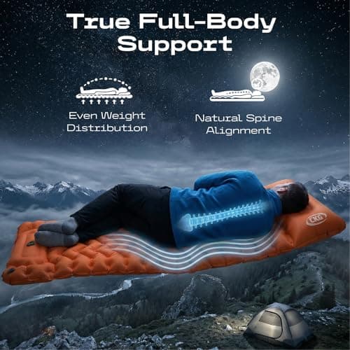 CKG Camping Sleeping Pad with Thermal Barrier, Ultralight Camping Mat 4in Thick with Pillow, Built-in Foot Pump Self Inflating Sleeping Pad for Hiking Tent Road Trip Car Camp Travel Gear, Orange — view 3