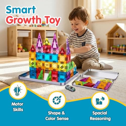 Zippytoys Travel Magnetic Tiles – 48PCS 3D Mini Magnetic Tiles Building Blocks with Mini Car for Kids– Strong Magnets Portable STEM Montessori Educational Toy with Metal Storage Tin for Boys Girls 3+ — view 5