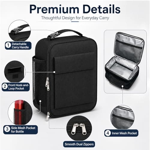 Lunch Bag for Men Women, Reusable Large Capacity Insulated Lunch Bag with Handle, Front Pocket and Side Mesh Holder, Portable Cool Bag for Work School Travel Picnic, Black — view 4