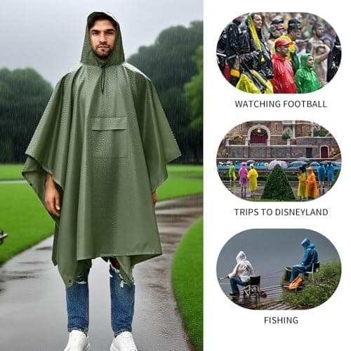 Houbobo Hooded Rain Poncho for Adults with Pocket, Waterproof Lightweight Raincoat Jacket for Men Women, Perfect for Outdoor Hiking Camping Emergency (Green) — view 6