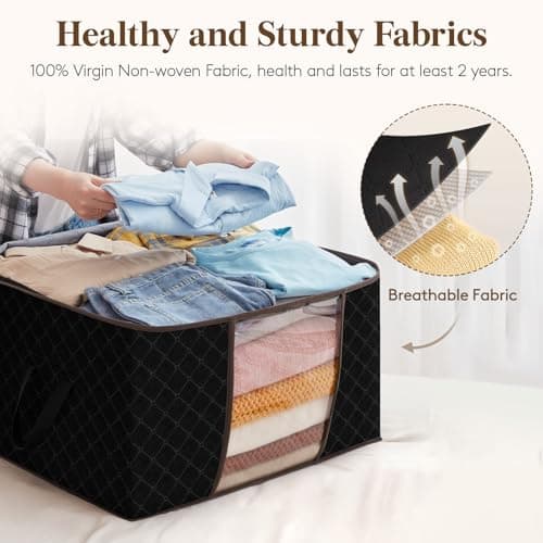 Lifewit 95L Clothes Storage Bags Large Storage Box With Lid Packing Boxes for Moving House With Reinforced Handle Thick Fabric Clear Window for Clothes Duvet Blankets Bedding, 6 Pack, Black — view 3