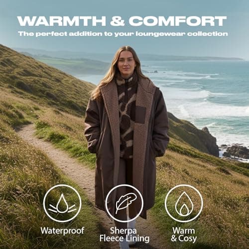OHS Rain Coats for Women Men, Oversized Waterproof Changing Robe Fleece Lining Women's Jackets with Hood & Pockets Drying Robe Lightweight Ladies Jackets for Outdoor Travel, Brown - L/XL — view 3