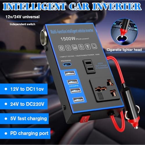 SKJJM 1500W Car Power Inverter, USB Charging Ports 12V/24V Universal Converter, Office Car Charger Inverter with USB C, Fast Charging Voltage Converter Compatible for Tablets Phones — view 6