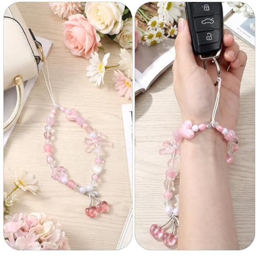 Ouligay Cherry Phone Charm Strap Cute Camera Charm Strap Beaded Camera Strap Wrist Pink Phone Chain for Bag Case Bags Pendants Decor Chains Valentine's Day Gifts for Woman Girls — view 4