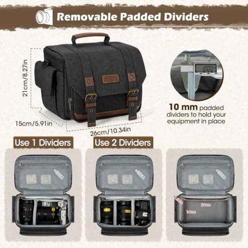RAINSMORE Vintage Camera Sling Bag, Waterproof Canvas DSLR Mirrorless Crossbody Bag with 10mm Shockproof Padding, Rain Cover & Tripod Holder, Photography Shoulder Messenger Bag for Men Women Black — view 4