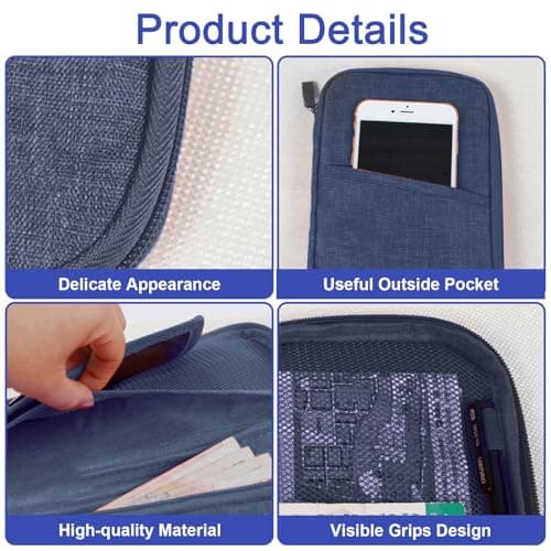 Passport Holder Travel Wallet, Large Capacity Travel Document Holder, RFID Blocking Waterproof Portable Travel Wallet Organiser for Cash Passport ID Card Credit Cards Flight Ticket Pen (Navy Blue) — view 3
