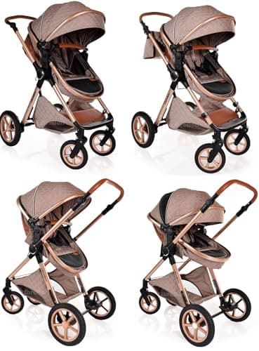 Baby Pram Pushchair Buggy with Car Seat Lightweight Stroller Folding Strollers 3 in1 Travel System Baby Trolley Pram for Newborns Toddlers from Birth (Beige - Rose Gold Frame) — view 6