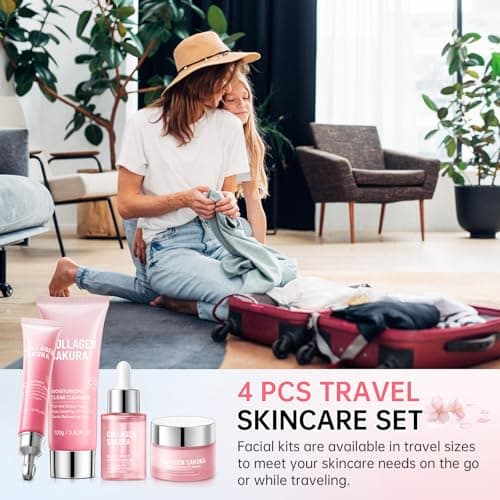 JAPAN SAKURA Skin Care Set, Cherry Blossom Skincare Set for Teen Girls & Women, Moisturizing & Repairing Skin, 4 Pcs Collagen Skin Care Kits for Travel with Facial Cleanser, Serum, Cream & Eye Cream — view 6