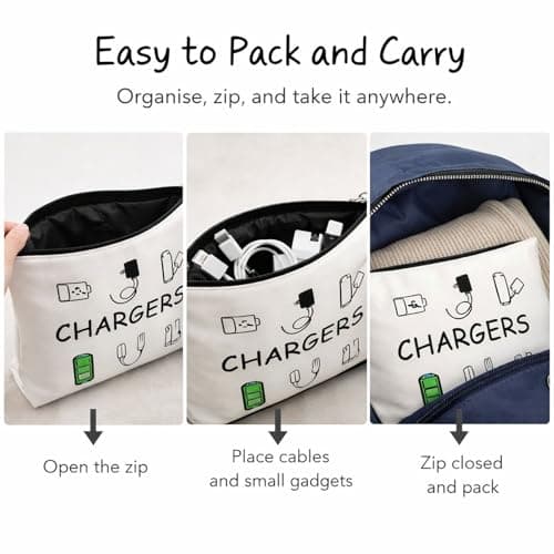 Charging Cable Organiser Bag for Travel – Waterproof Canvas Pouch with Zipper – Tech Accessories Holder & USB Gadget Storage Portable Electronics Case for Women & Men Holiday Essentials — view 6