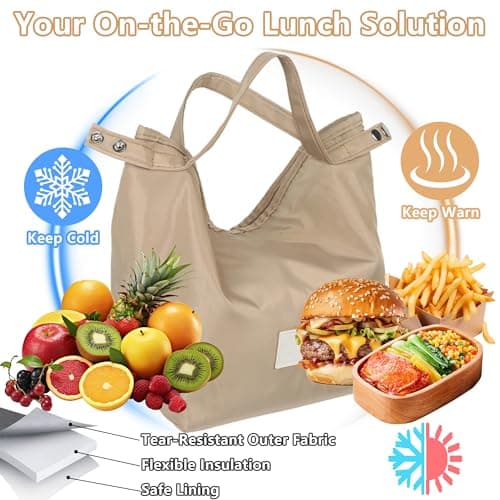 Winsegom Roll-Top Insulated Lunch Bag, 10L Waterproof Thermal Cooler Tote Bag, Reusable Leakproof Lunch Box for Men Women, Practical Food Storage Handbag for Work School Picnic Travel (Khaki) — view 3