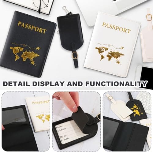 ZDNT 4 Pcs Passport Cover and Luggage Tag,Passport Holder,Passport Cover Luggage Tag Set,PU Leather Passport Holder Travel Wallet Case Organiser for Passport Credit Card Business ((White,Black)) — view 3