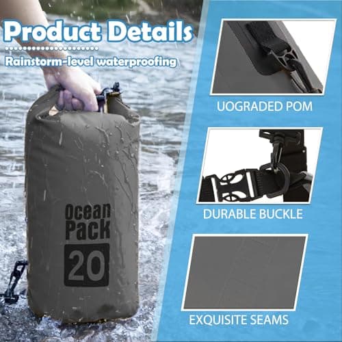 MOMAHUA 10L Waterproof Dry Bag with Single Shoulder Strap - Grey Durable PVC Roll Top Dry Sack - Reusable Gear Protector for Kayaking, Boating, Beach, Swimming, Camping and Outdoor Sports — view 3