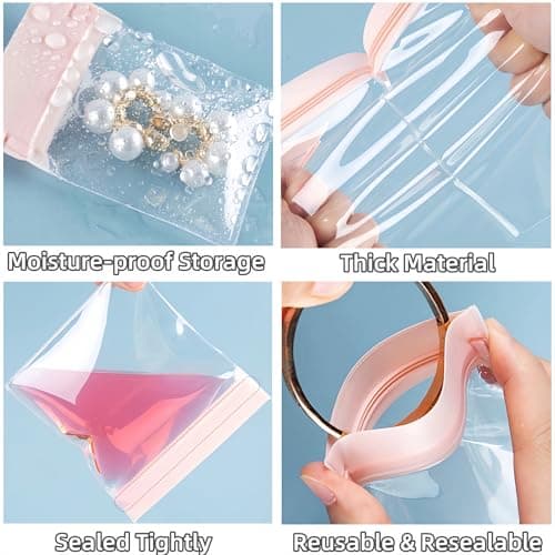 WACCOMT Pack 20pcs Clear EVA Anti Tarnish Jewelry Storage Bags Resealable Small Pink Clear Plastic Thickened Travel Portable Jewelry Pouches for Ring Earing Necklace Bracelet (2.4x3.1 inch) — view 3