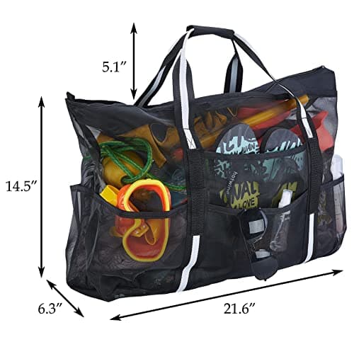 MOPHOEXII Extra Large Mesh Beach Bags Pool Bags，Vacation Beach Toy Bag Swimming Bag Packable Beach Bag Mesh Tote Bag for Women and Men, Black, Black, Large — view 4