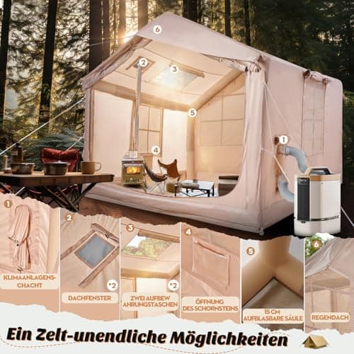 Inflatable camping tent with chimney opening and roof window, inflatable tent for 2-10 people with air pump. Waterproof Oxford cloth four-season inflatable tent, fast installation air tent — view 2