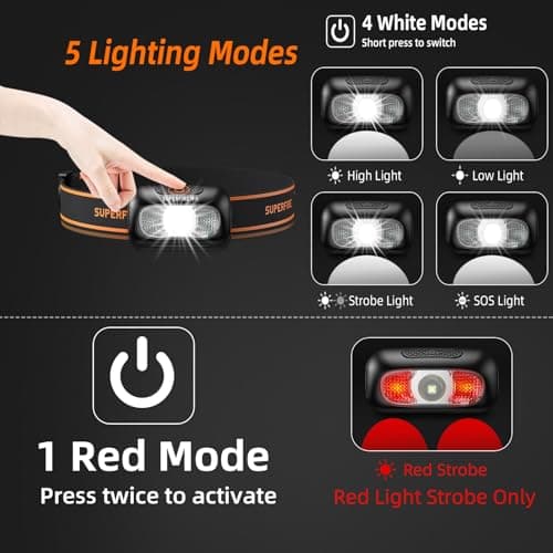 SuperFire 【2 Pack】 Head Torch Rechargeable, 5 Modes Bright LED Headlamp with Red Light, Lightweight Waterproof Hands-Free Head Torch for Camping, Running, Hiking, Adjustable Headband for Adults, Kids — view 2