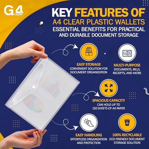 G4GADGET A4 Clear Plastic Wallets – Pack of 5, Popper Document Folders with Label Pocket & Snap Button – Multicolored Plastic Envelope for Home, Office, School & Travel — view 5