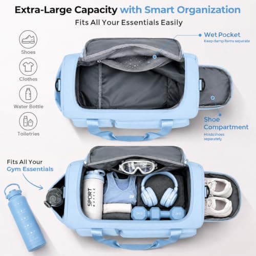 FIORETTO Gym Bag Womens, Sports Bag with Shoe Compartment, Light Blue — view 3