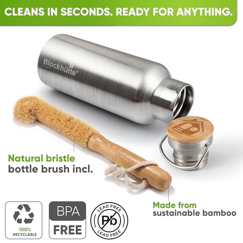 Blockhütte Stainless Steel Water Bottle I 750ml I Insulated Metal Flask, BPA Free, Leakproof, Dishwasher Safe, Ideal for Gym, Travel, Cold Drinks, Reusable, with Natural Cleaning Brush — view 4